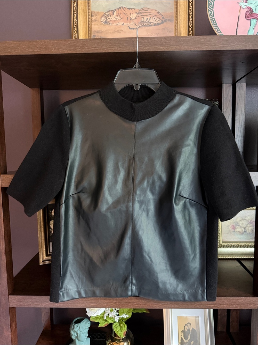 Ann Taylor Black Faux Leather and Knit Mock Neck Top Size Med Petite